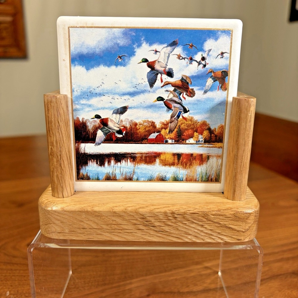 AbsorbaStone Duck Coasters Cork Back Thirsty with Wooden Oak Holder EUC
